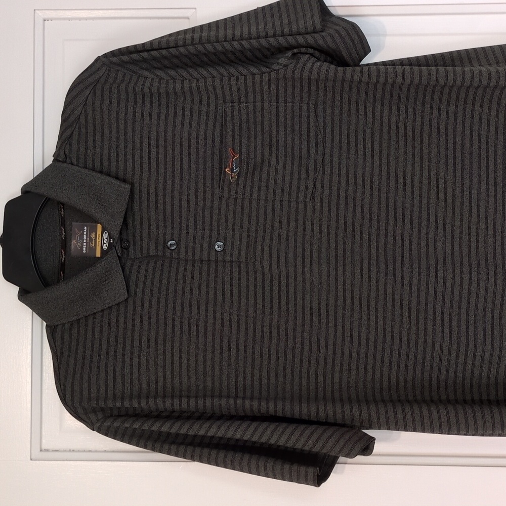 Greg Norman Play Dry Striped Golf Polo Shirt. Sz Med. Olive Green/Black Stripes